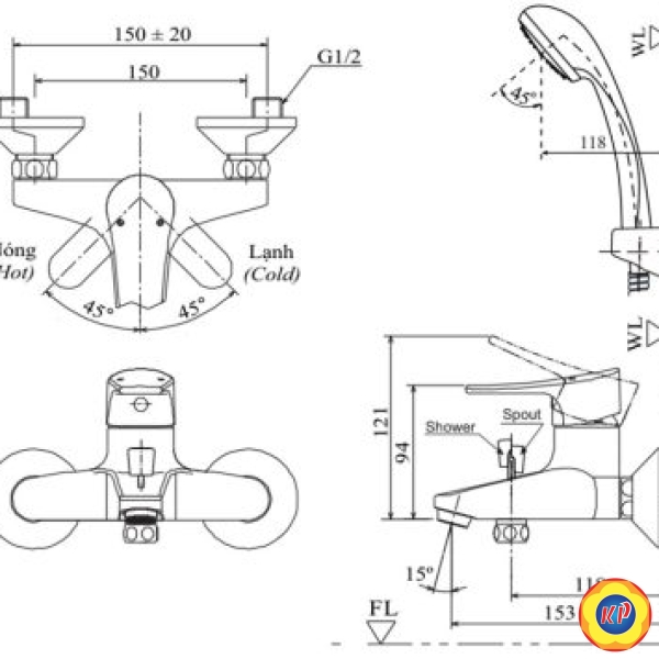 Vòi Sen Nóng Lạnh Inax BFV-1003S-2C (BFV1003S2C) Tay Sen Mạ