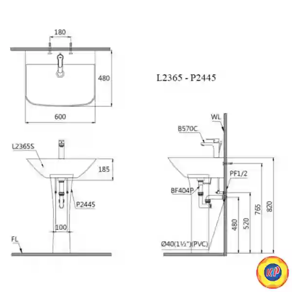 Chậu Rửa Lavabo Caesar Chân Dài L2365/P2445