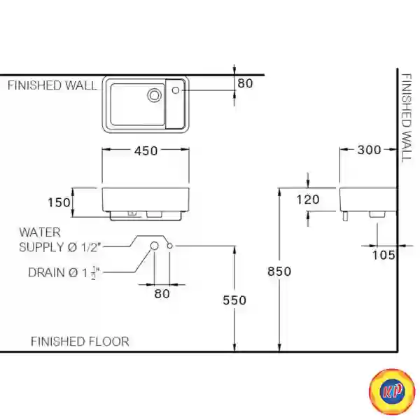 Chậu Lavabo COTTO C00657 Treo Tường  450x300 mm Nhỏ