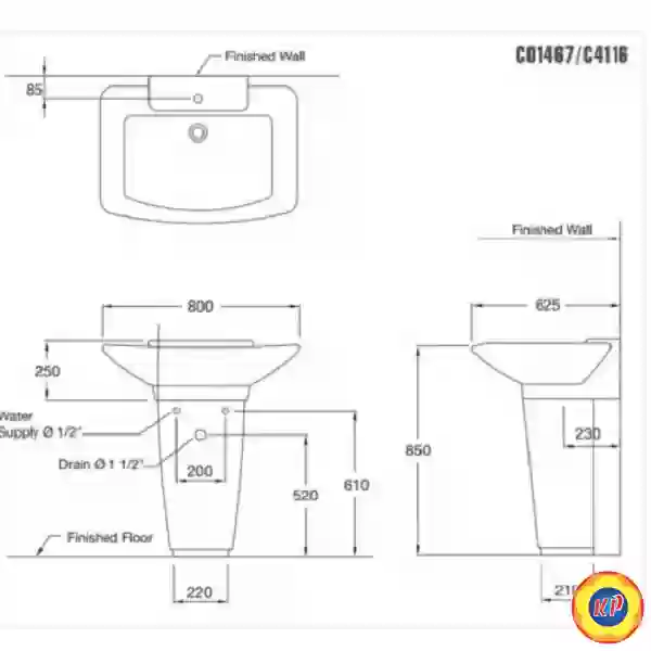 Chậu Rửa Mặt Lavabo COTTO C01467/C4116 Hercules Chân Dài