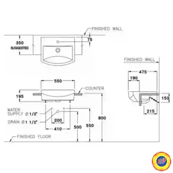 Chậu Lavabo COTTO C02427 Tetragon Bán Âm Bàn