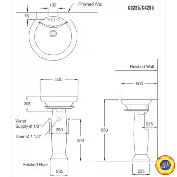 Chậu Rửa Lavabo COTTO C0285/C4285 Alpha Chân Dài
