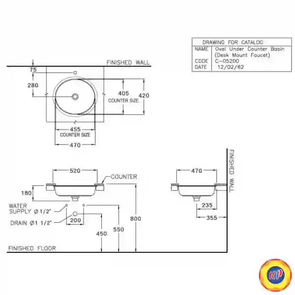 Chậu Lavabo COTTO C05200 Âm Bàn  Oval