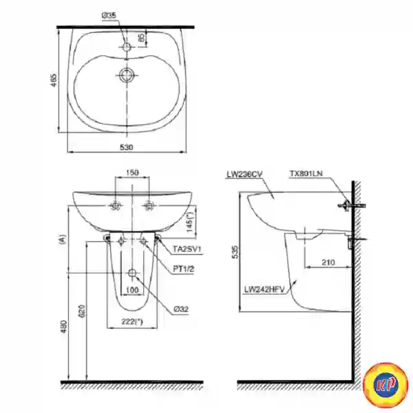 Lavabo TOTO LHT236CS Treo Tường Chân Ngắn