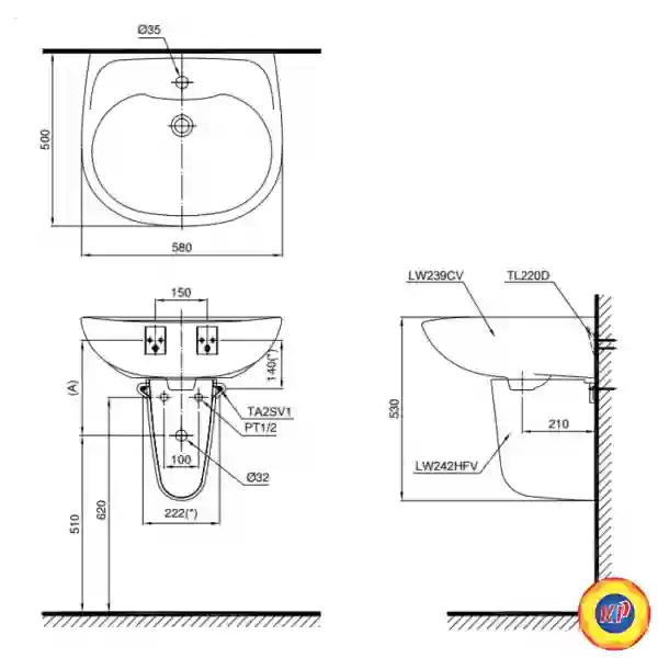 Lavabo TOTO LHT239CR Treo Tường Chân Ngắn
