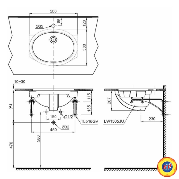 Chậu Lavabo TOTO LW1505V#XW Âm Bàn Oval