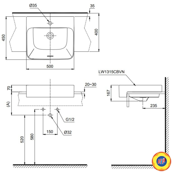 Chậu Lavabo TOTO L1315C#XW (LW1315CBVN) Bán Âm