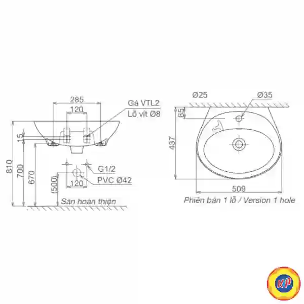 Chậu Rửa Lavabo Viglacera VTL2 Treo Tường