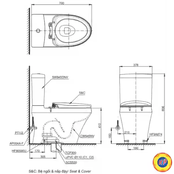 Bồn Cầu Hai Khối TOTO CS945DNT8 Nắp TC600VS