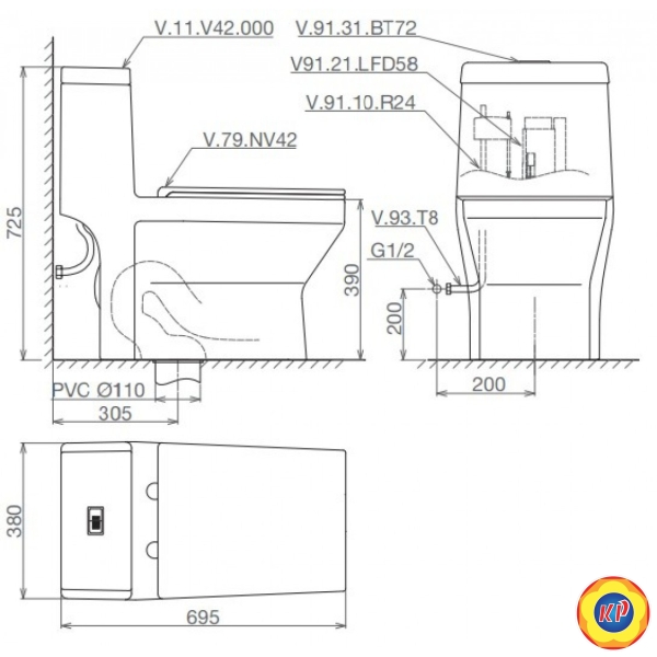 Bồn Cầu Một Khối Viglacera V42 Nắp Êm + Vòi Xịt VG826