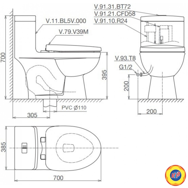 Bồn Cầu 1 Khối Viglacera BL5 Nắp Êm V37 + Vòi Xịt VG826