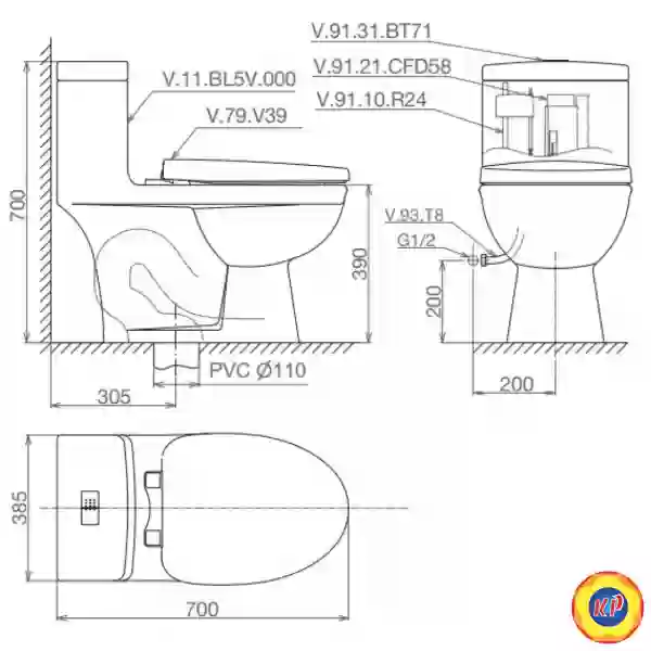 Bồn Cầu 1 Khối Viglacera BL5V Nắp V37 + Xịt VG826