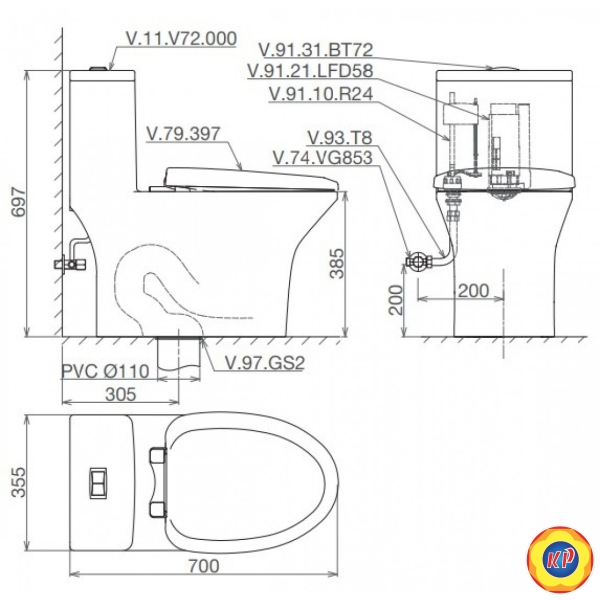 Bồn Cầu 1 Khối Viglacera Fansipan V72 (V700) + Vòi Xịt VG826