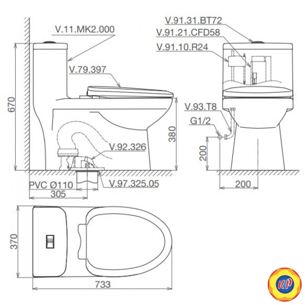 Bồn Cầu Viglacera MK2 Nắp Êm + Vòi Xịt VG826