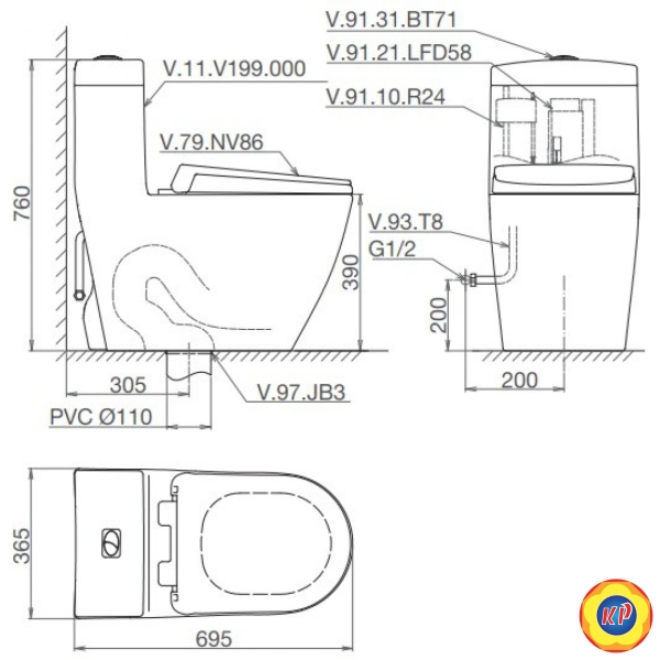 Bồn Cầu 1 Khối  Viglacera V199 Nắp Êm V86 + Vòi Xịt VG826
