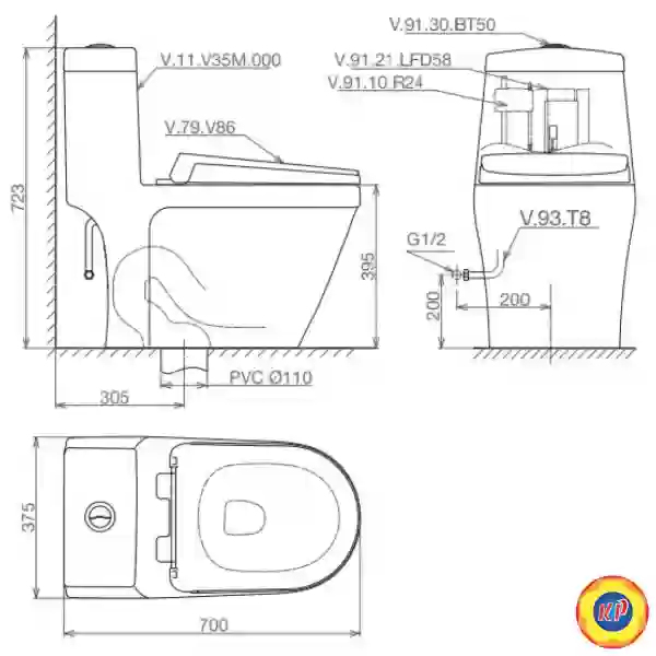 Bồn Cầu 1 Khối Viglacera V35M Nắp Êm V86 + Vòi Xịt VG826