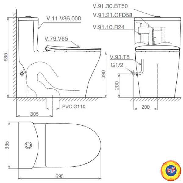 Bồn Cầu 1 Khối Viglacera V36 + Vòi Xịt VG826