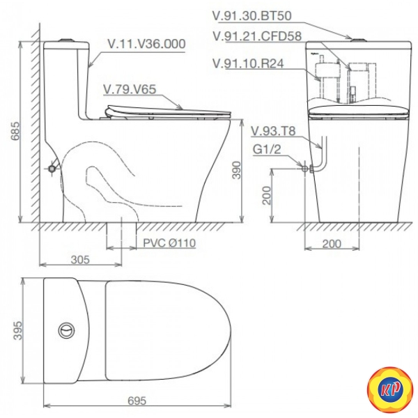 Bồn Cầu Viglacera V36SW Nắp Rửa Cơ M4A839