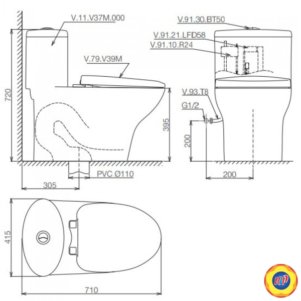 Bồn Cầu Viglacera V37M Xả Xoáy Nắp Êm V37 + Vòi Xịt VG826