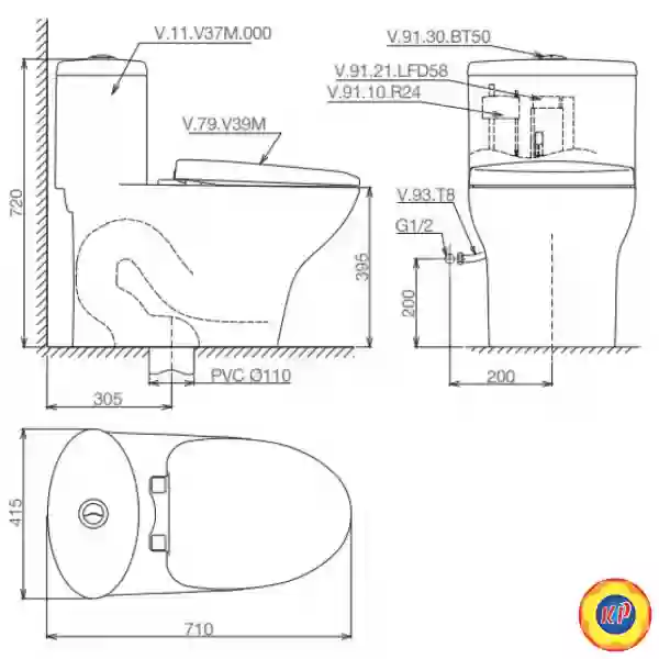 Bồn Cầu 1 Khối Viglacera V37S Nắp Êm V37 + Vòi Xịt VG826 
