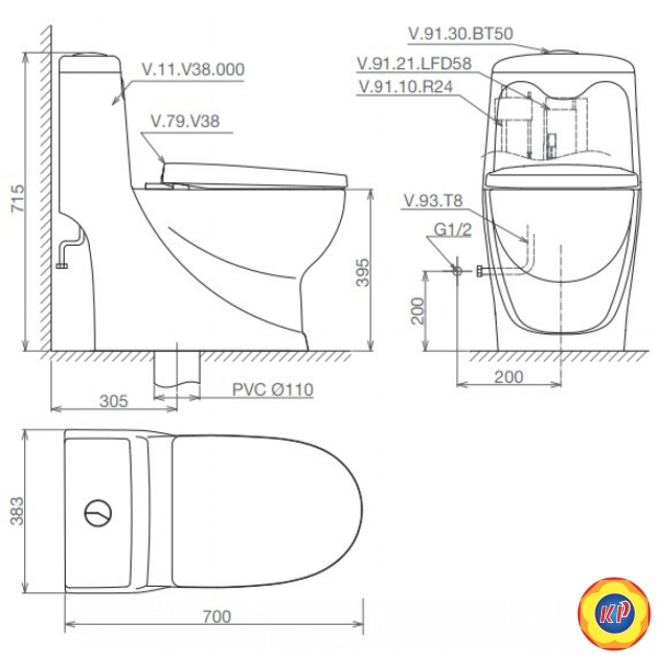 Bồn Cầu 1 Khối  Viglacera V38 Nắp V38 + Vòi Xịt VG826
