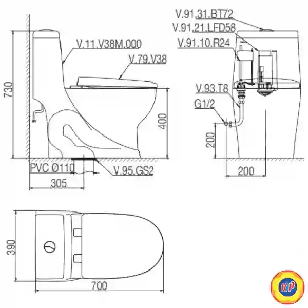 Bồn Cầu Viglacera V38M Nắp V38M + Vòi Xịt VG826 Xả Xoáy 