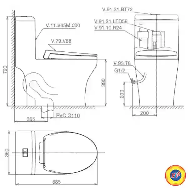 Bồn Cầu 1 Khối Viglacera V45M Nắp V687  + Vòi Xịt VG826