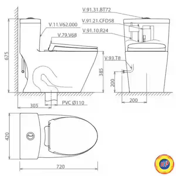 Bồn Cầu 1 Khối Viglacera V62 Nắp Êm V687 Tặng VG826 + VG853