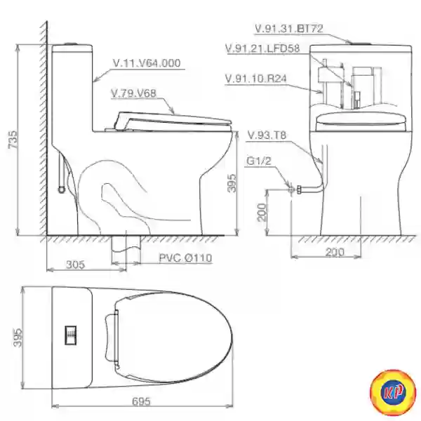 Bồn Cầu 1 Khối Viglacera V64 Nắp Êm V687 Tặng VG826 + VG853