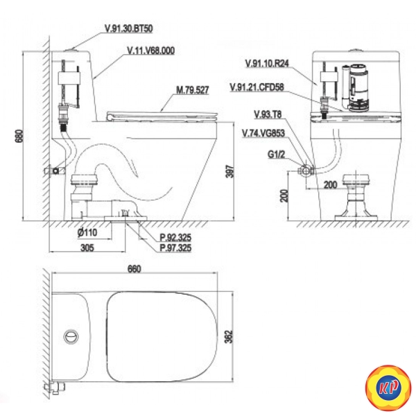 Bồn Cầu Viglacera V868 Xả Xoáy Nắp Êm M.97.527