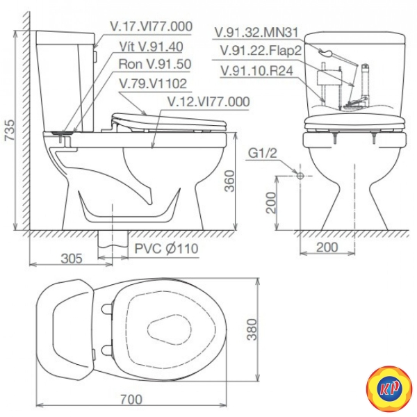 Bồn Cầu 2 Khối Viglacera VI77 Nắp Thường V1102 + Lavabo VTL2