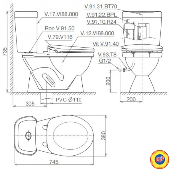 Bồn Cầu 2 Khối Viglacera VI88 Nắp Êm V1102E