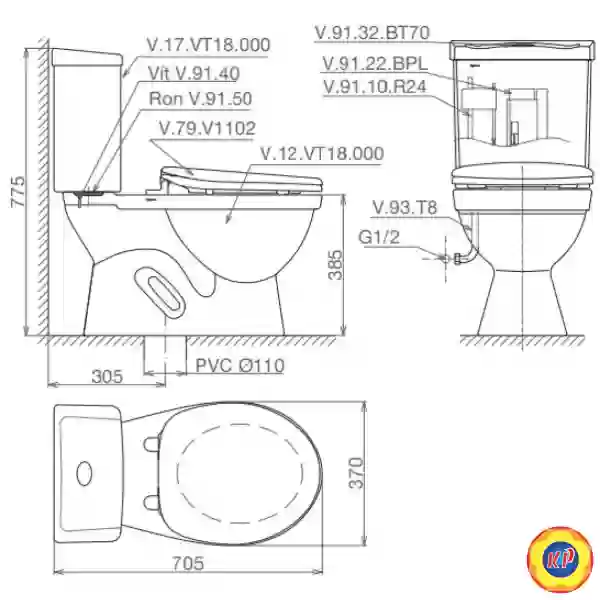 Bồn Cầu 2 Khối Viglacera VT18M Nắp Êm V1102E Kèm Chậu VTL2
