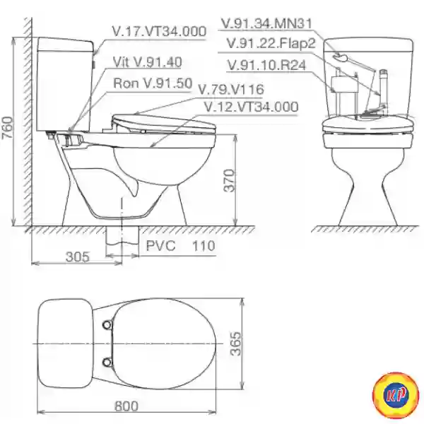 Bồn Cầu Viglacera VT34 2 Khối Nắp Êm