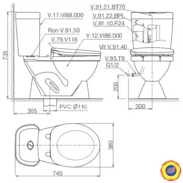 Bồn cầu 2 Khối Viglacera VI88 Nắp Êm V1102E Kèm VTL2