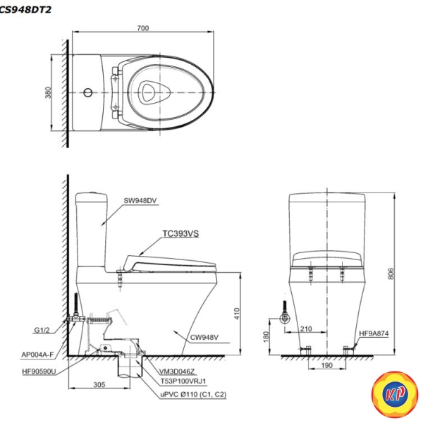 Bồn Cầu TOTO CS948DT2 (CS948DT2) 2 Khối Nắp Êm TC393VS