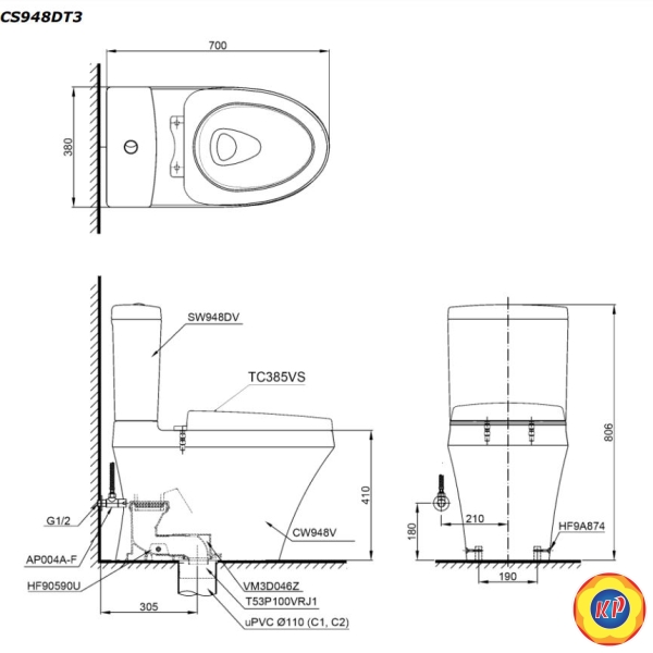 Bồn Cầu TOTO CS948DT3 (CS948DT3) 2 Khối Nắp Êm TC385VS