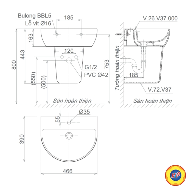 Chậu rửa lavabo treo tường Viglacera V37