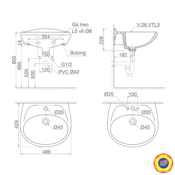 Chậu rửa lavabo treo tường Viglacera VTL3
