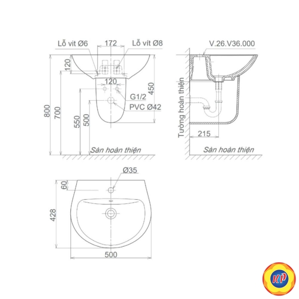Chậu rửa lavabo treo tường Viglacera V36