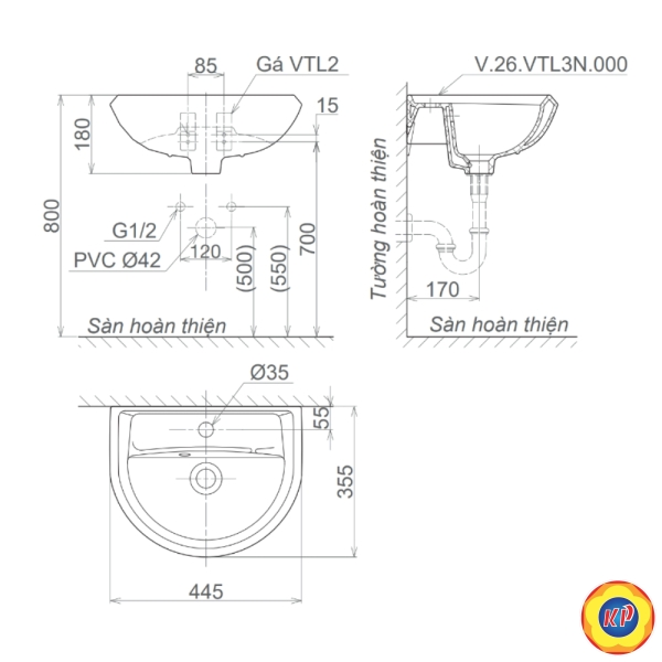 Chậu rửa lavabo treo tường Viglacera VTL3N