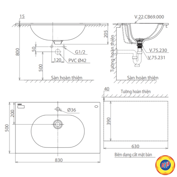 Chậu Rửa Mặt Lavabo Viglacera CB69 Dương Vành
