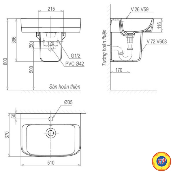 Chậu Rửa Lavabo Và Chân Ngắn Viglacera V59 Treo Tường