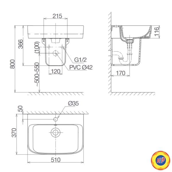 Chậu lavabo treo tường Viglacera V59