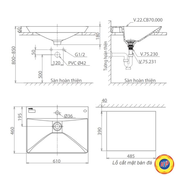 Chậu Rửa Lavabo Viglacera CB70 Đặt Bàn