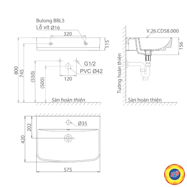 Chậu rửa lavabo treo tường Viglacera V58