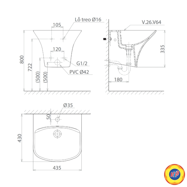 Chậu rửa lavabo treo tường Viglacera V64 liền khối