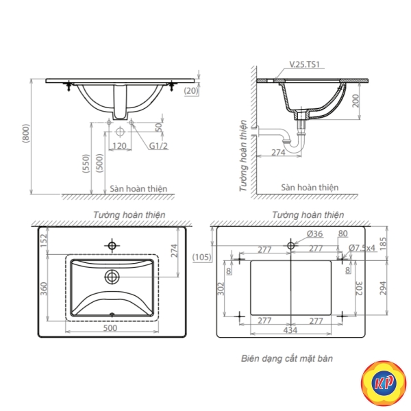 Chậu Rửa Mặt Lavabo Viglacera TS1 Âm Bàn
