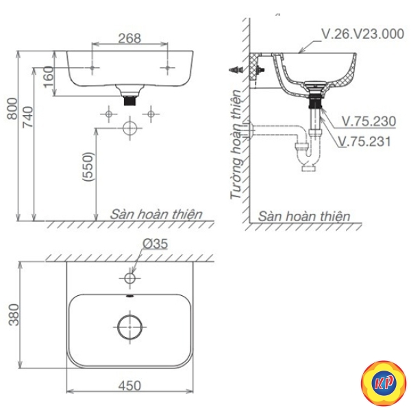 Chậu Lavabo Treo Tường Viglacera V23 Mekong