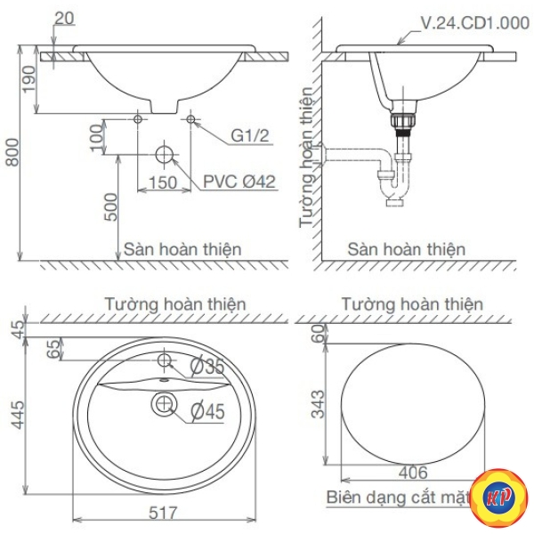 Chậu Lavabo Âm Bàn Viglacera CD1